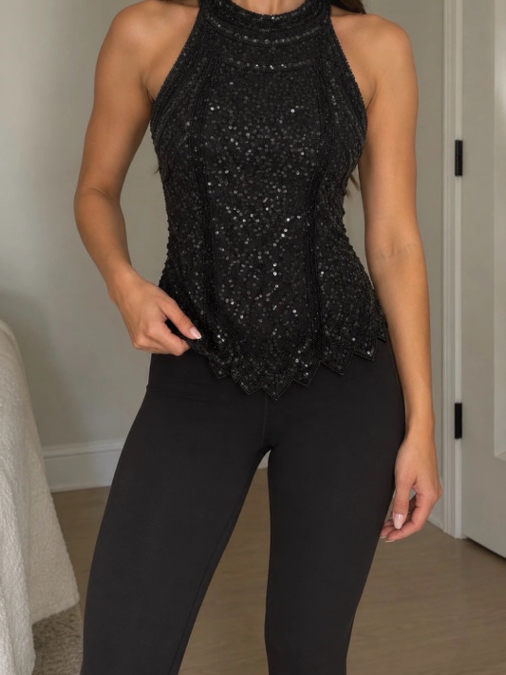 Black Sequin Halter Women's Top Y2K Vintage